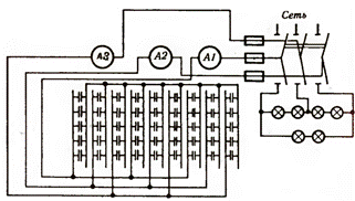 Превключваща схема на лампа с нажежаема жичка за разреждане на кондензаторни батерии (до 1000 V) с помощта на превключвател с двойни ножове