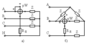 Схеми за измерване на мощността на трифазен променлив ток при свързване на товари а - съгласно звездна верига с достъпна нулева точка; b - според схемата на триъгълника, използвайки един ватметър