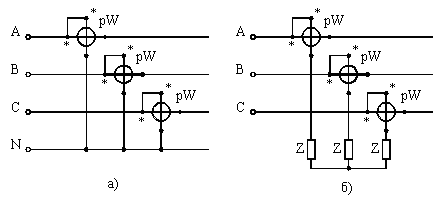 Схеми за измерване на активната мощност на трифазен променлив ток с три ватметъра