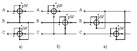 Схеми за измерване на активната мощност на трифазен променлив ток с два ватметъра