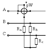 Трифазна верига за измерване на променливотокова мощност с един ватметър с изкуствена нулева точка