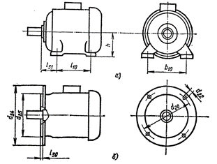 Wymiary montażowe asynchronicznych silników elektrycznych na lampach (a) i z kołnierzem (b)
