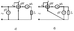 Схеми за измерване на големи (а) и малки (б) съпротивления на променлив ток