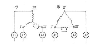 Обяснение на признаците на късо съединение в намотките, когато са свързани със звезда (а) и триъгълник (б)