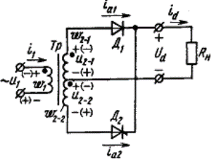  Jednofazowy obwód prostownika pełnookresowego z wyjściem punktu zerowego transformatora