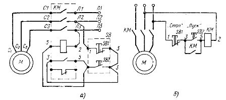 Схема за включване на необратим магнитен стартер: а - електрическа схема за включване на стартера, електрическа схема за включване на стартера