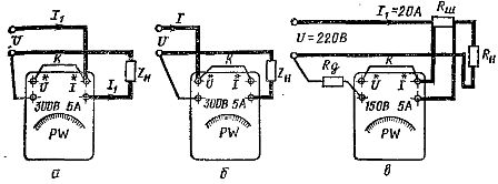 مخططات توصيل مقياس الواط: أ - مباشرة في الشبكة بشكل صحيح ، ب - بشكل غير صحيح ، ج - في شبكة ذات جهد عالٍ وتيار عالٍ