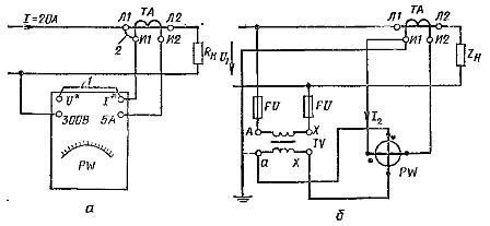 Схеми за свързване на ватметър към верига на променлив ток с висок ток (а) и към мрежа с високо напрежение (б).