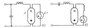 Схема на включване на флуоресцентна лампа: а - с индуктивен баласт, б - с индуктивно -капацитивен баласт