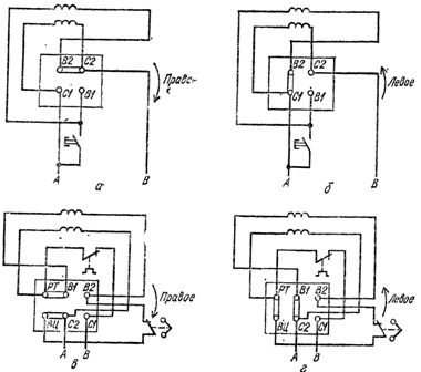 Маркиране на клемите на фазите на намотката на статора на еднофазен асинхронен двигател с ротор с катерица и тяхната връзка за въртене на ротора: a, c - надясно, b, d - ляво