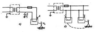 Включване на разделителния трансформатор (а) Двойна верига в мрежата, захранвана през разделителния трансформатор (б)