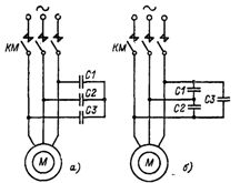Възли на вериги, които извършват кондензаторно спиране на асинхронни двигатели