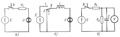 Схеми за илюстриране на преходни процеси: а - верига без реактивни елементи, б - верига с индуктор, в - верига с кондензатор