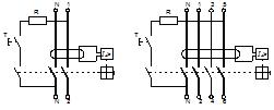 Wyłącznik różnicowoprądowy (RCD): a) schematy elektryczne b) konwencjonalne oznaczenie graficzne