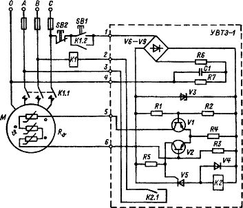 Schemat elektryczny wbudowanego zabezpieczenia temperaturowego silników elektrycznych UVTZ-1