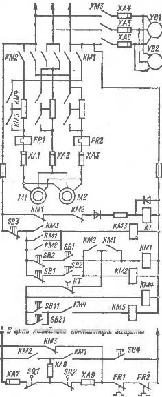 Схема на електрическото задвижване (с едноскоростен двигател с катеричка) на механизма за движение на крана, когато се управлява от пода