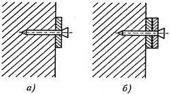Закрепване на заземяващи проводници с дюбели директно към стената (а) и с облицовка (б)