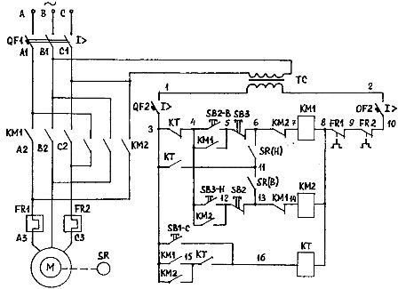 Schemat odwracalnego asynchronicznego napędu elektrycznego z hamowaniem przeciwstawnym