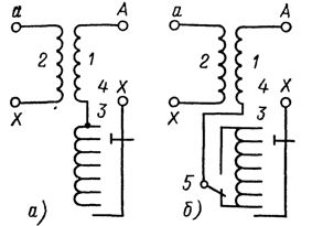 Схема за регулиране на трансформатори без обръщане (а) и с обръщане (б) на регулиращата намотка