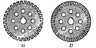 Arkusze, z których montowany jest obwód magnetyczny wirnika: a - z kanałami otwartymi, b - z kanałami półzamkniętymi