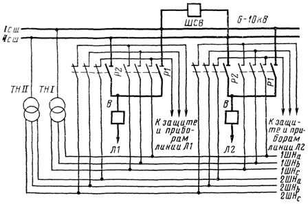 Schemat automatycznego przełączania styków pomocniczych rozłączników obwodów wtórnych przekładników napięciowych szyn w rozdzielnicach wnętrzowych 6-10 kV