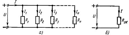 Схема на паралелно свързване на линейни елементи (а) и нейната еквивалентна схема (б)
