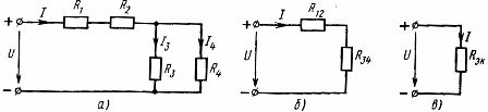 Схема на смесено свързване на линейни елементи (а) и нейните еквивалентни схеми (б, в)