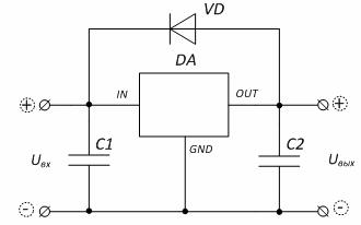 Типична схема за включване на вграден стабилизатор на напрежение