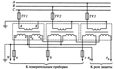 Схема на свързване на три еднофазни трансформатора на напрежение за контрол на изолацията