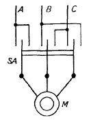 Схема за свързване на трифазен електродвигател към мрежата с реверсивен превключвател