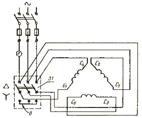 Схема за стартиране на електродвигател с превключване на намотките на статора от звезда към триъгълник