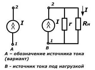 Схеми за обозначение и характеристика на токово напрежение на източника на ток