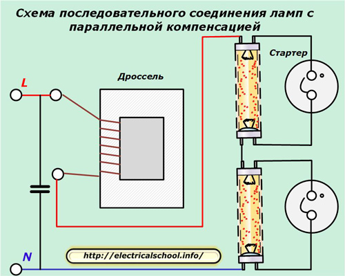 Последователна схема на свързване на лампи