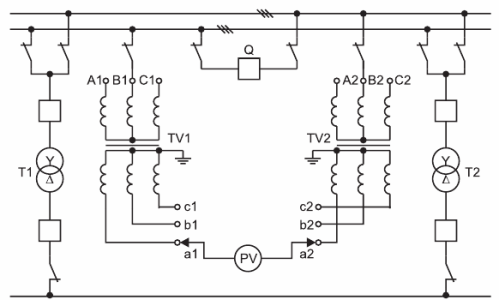 Фазиране на силови трансформатори (T1 и T2) при напрежения над 1 kV с помощта на трансформатори на напрежение