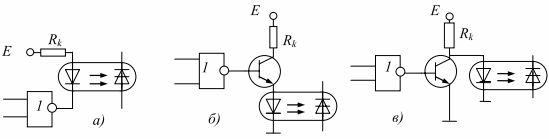 Схеми за свързване на оптрони към изхода на логически елементи: а - на логически елемент с отворен колектор; б - включване на оптрон в излъчвателя на транзистора; c - обща емитерна верига