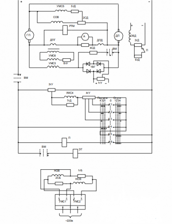 Принципиална схема на управлението на електрическото задвижване на повдигащия механизъм на багер със средна мощност с магнитни усилватели
