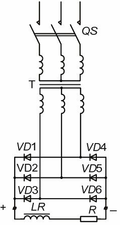 Schematické schéma třífázového můstkového usměrňovače