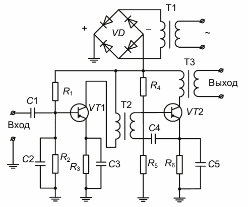 Schematické schéma dvoustupňového tranzistorového zesilovače