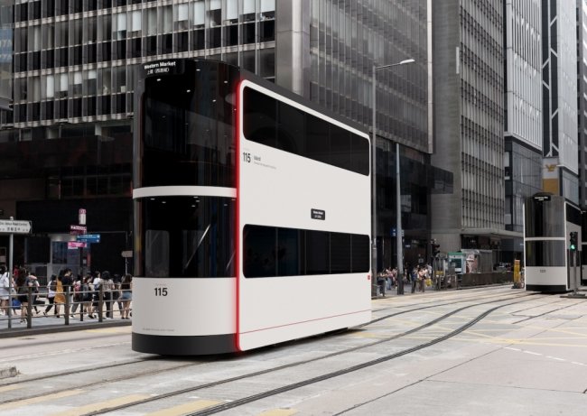 Moderní futuristická tramvaj v Hong Kongu