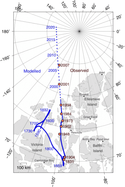 Przesunięcie północnego bieguna magnetycznego od 1831 do 2007 roku.