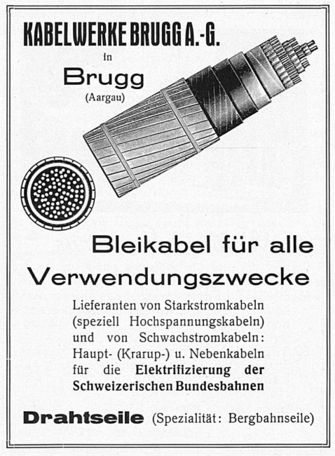 Przykład kabla ołowianego w reklamie Kabelwerke Brugg z 1927 roku.